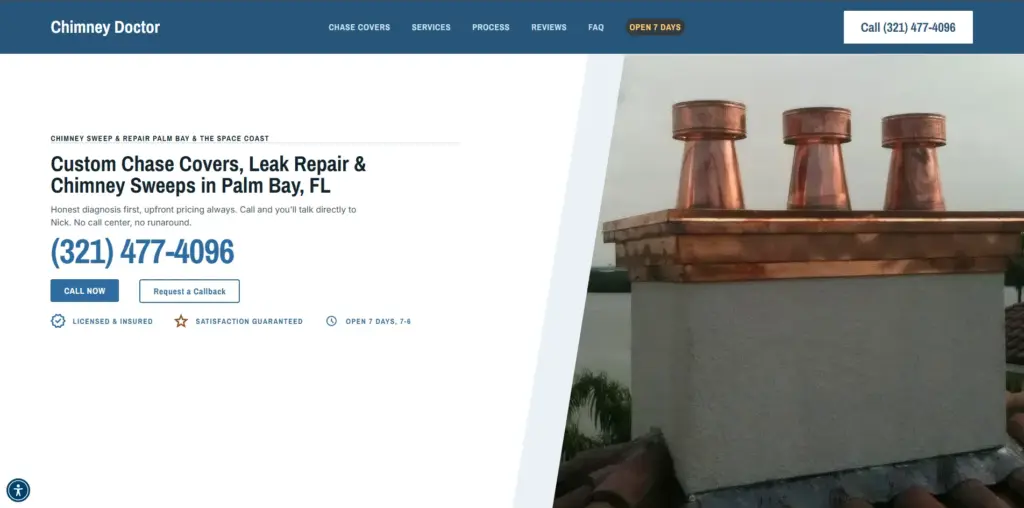 Chimney Doctor homepage: a headline naming the company’s chase cover, leak repair, and chimney sweep services and its city, the phone number (321) 477-4096 in large type, Call Now and Request a Callback buttons, and a photo of copper chimney caps.